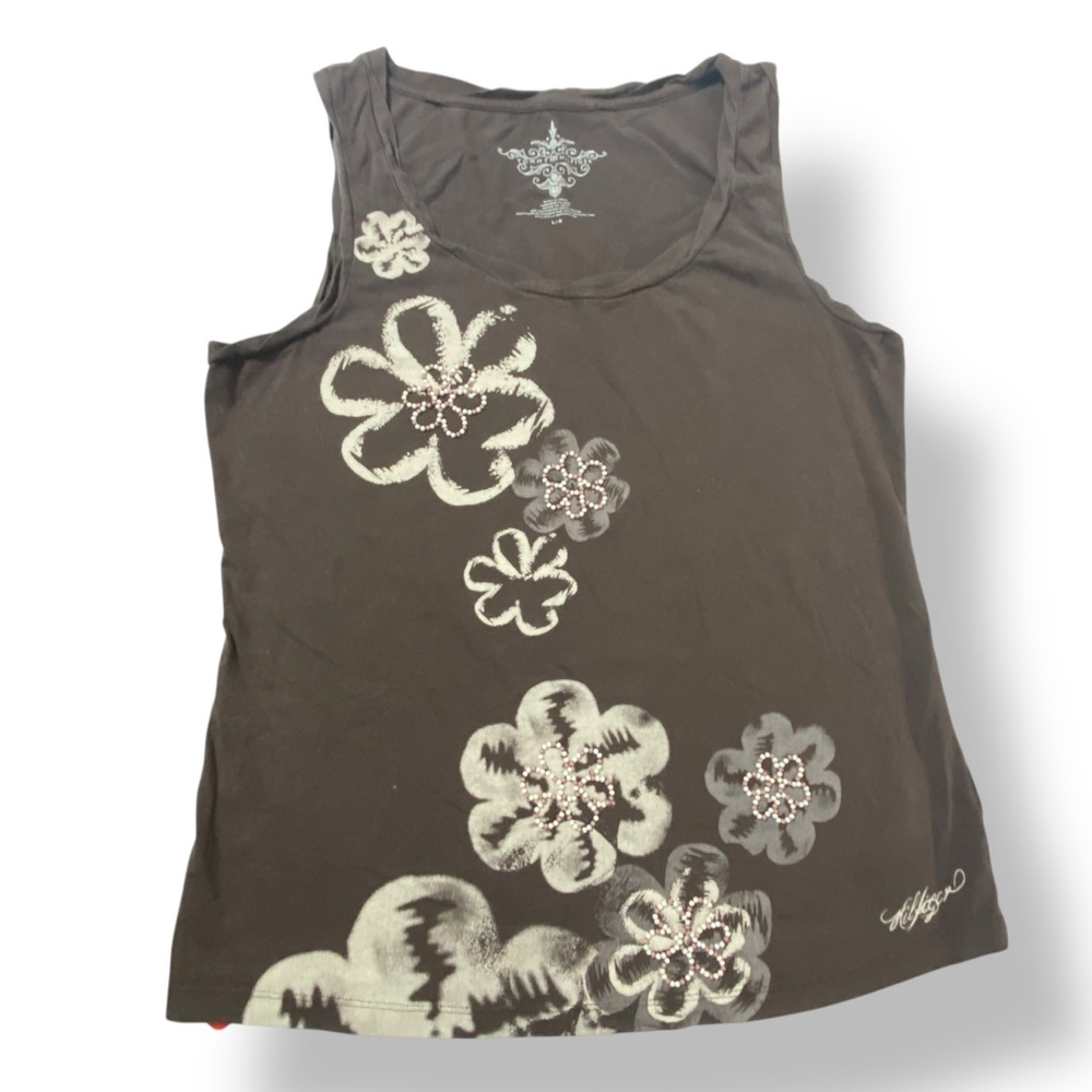 Tommy Hilfiger Brown Floral Tank Top L – Embellished Flowers, Twisted Trim